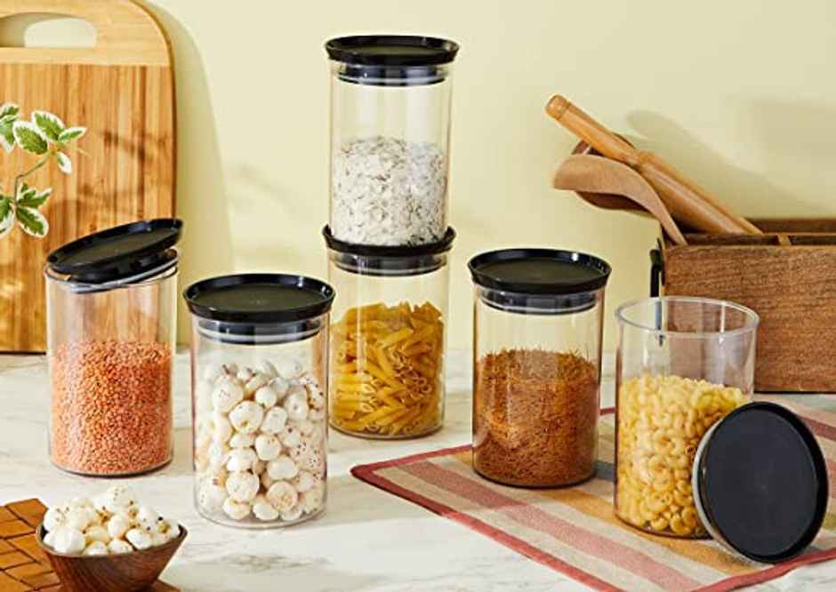 YouBee 900 ml Multipurpose Plastic Storage Jar and Kitchen Storage Container | Set of 6 | Black