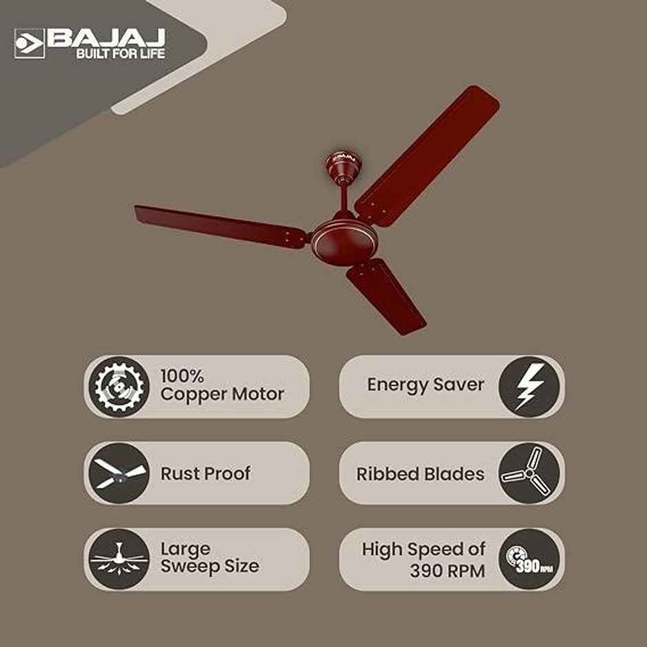 Bajaj Frore Turbo Ceiling Fans, 52 watts, 1200mm/48 Inches, Energy Efficient Ceiling Fan | Rust Free Coating For Long Life - Brown