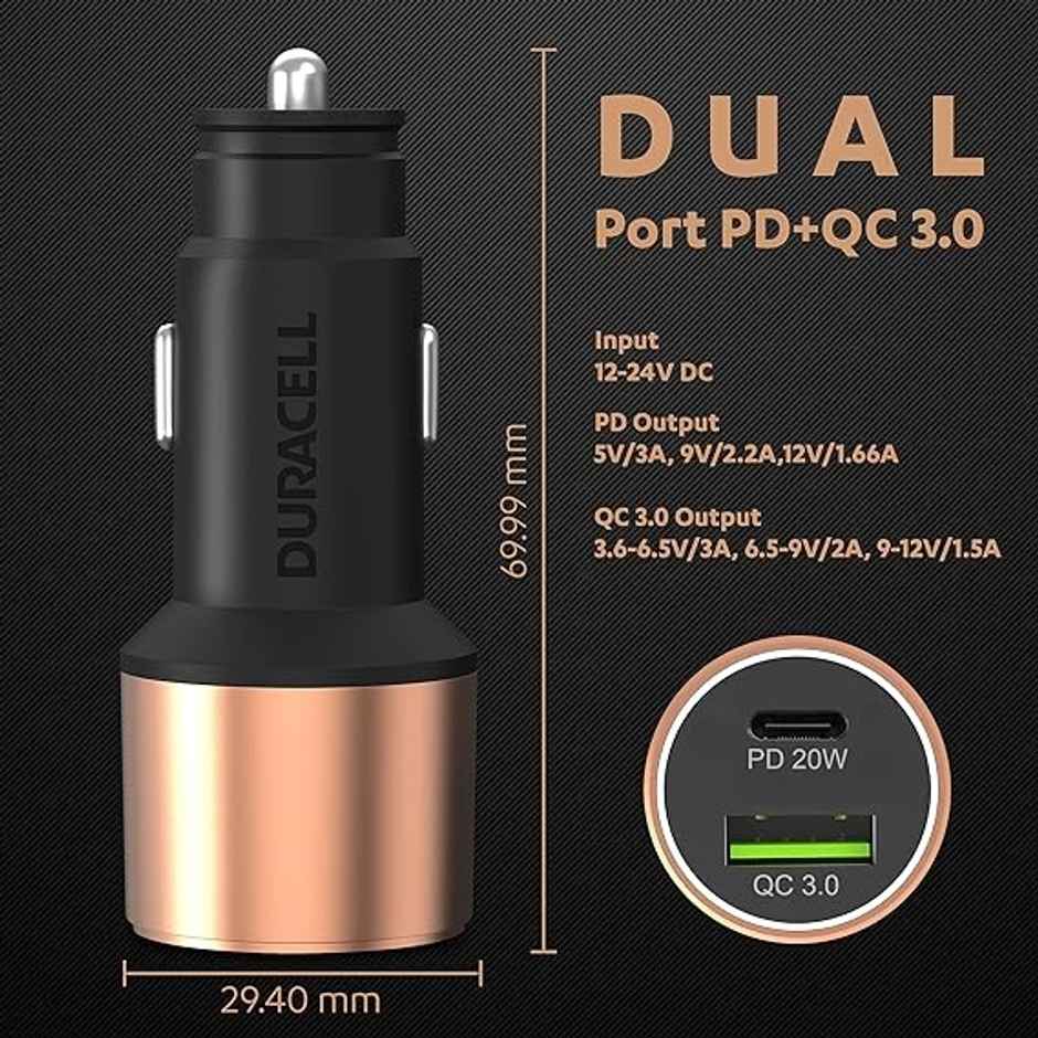 Duracell 38W Dual Output Type C Car Charger (Pd 20W & Qualcomm Certified 3.0) - Black & Copper