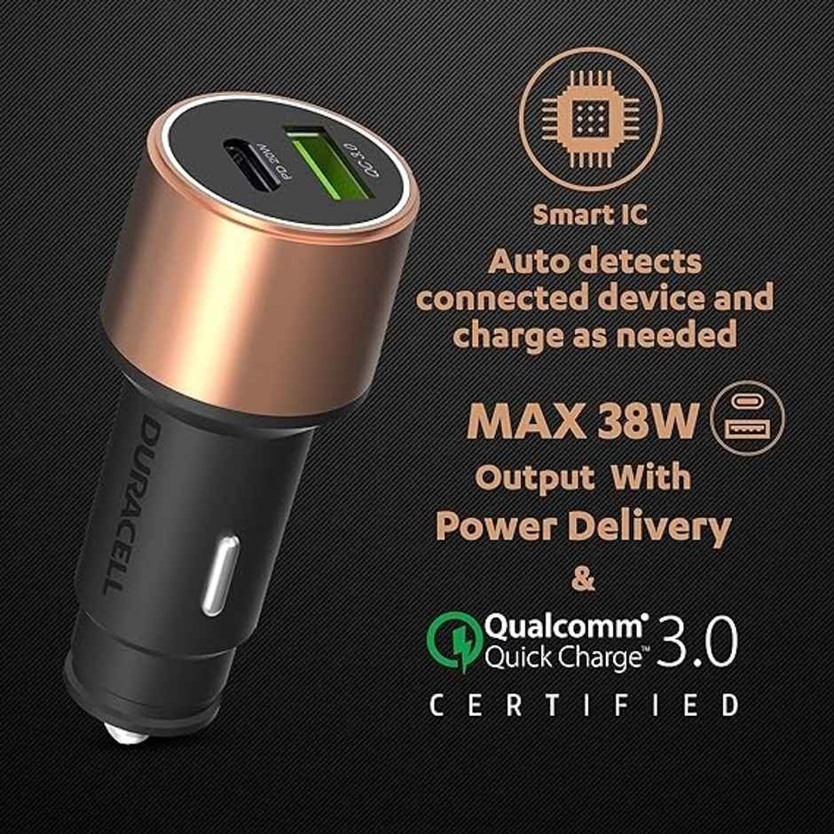 Duracell 38W Dual Output Type C Car Charger (Pd 20W & Qualcomm Certified 3.0) - Black & Copper