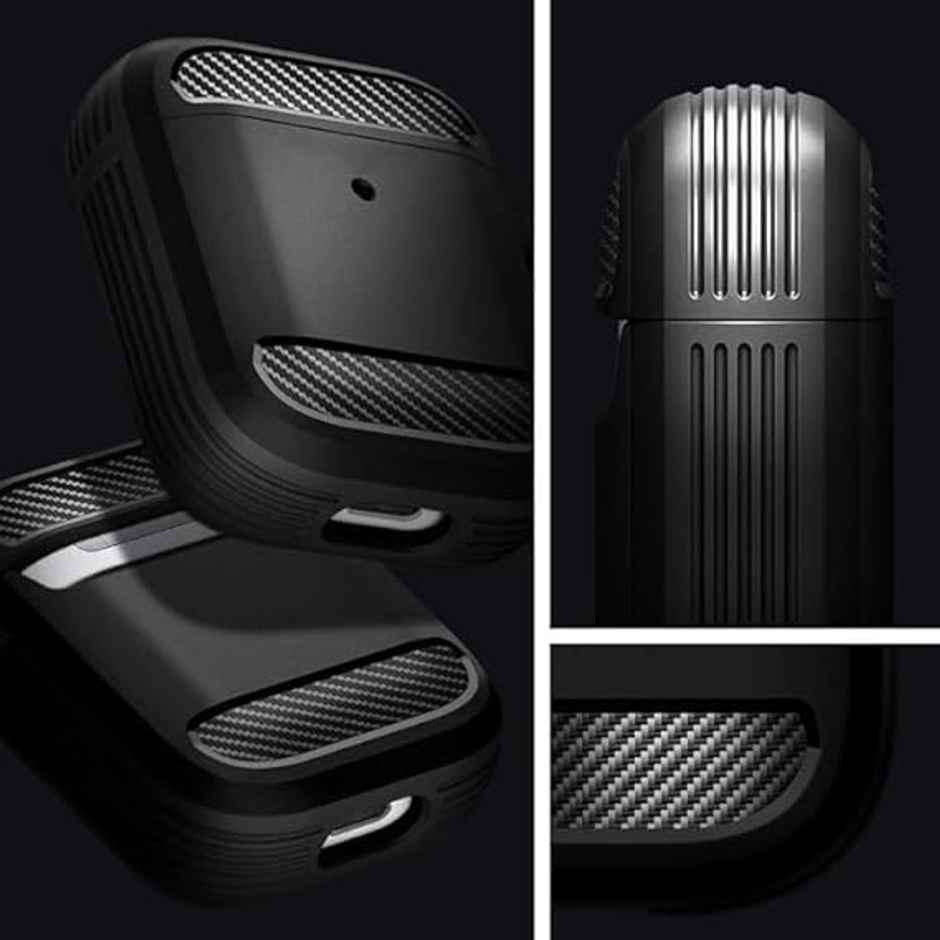 Sounce AirPods 1-2 Case cover with Carabiner,Shockproof|Wireless Charging | LED Visible | Carbon Series, Black