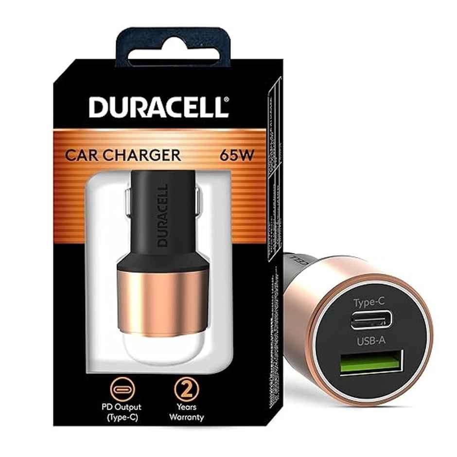 Duracell 65W Fast Car Charger Adapter with Dual Output, Type C | All Smartphones - Black