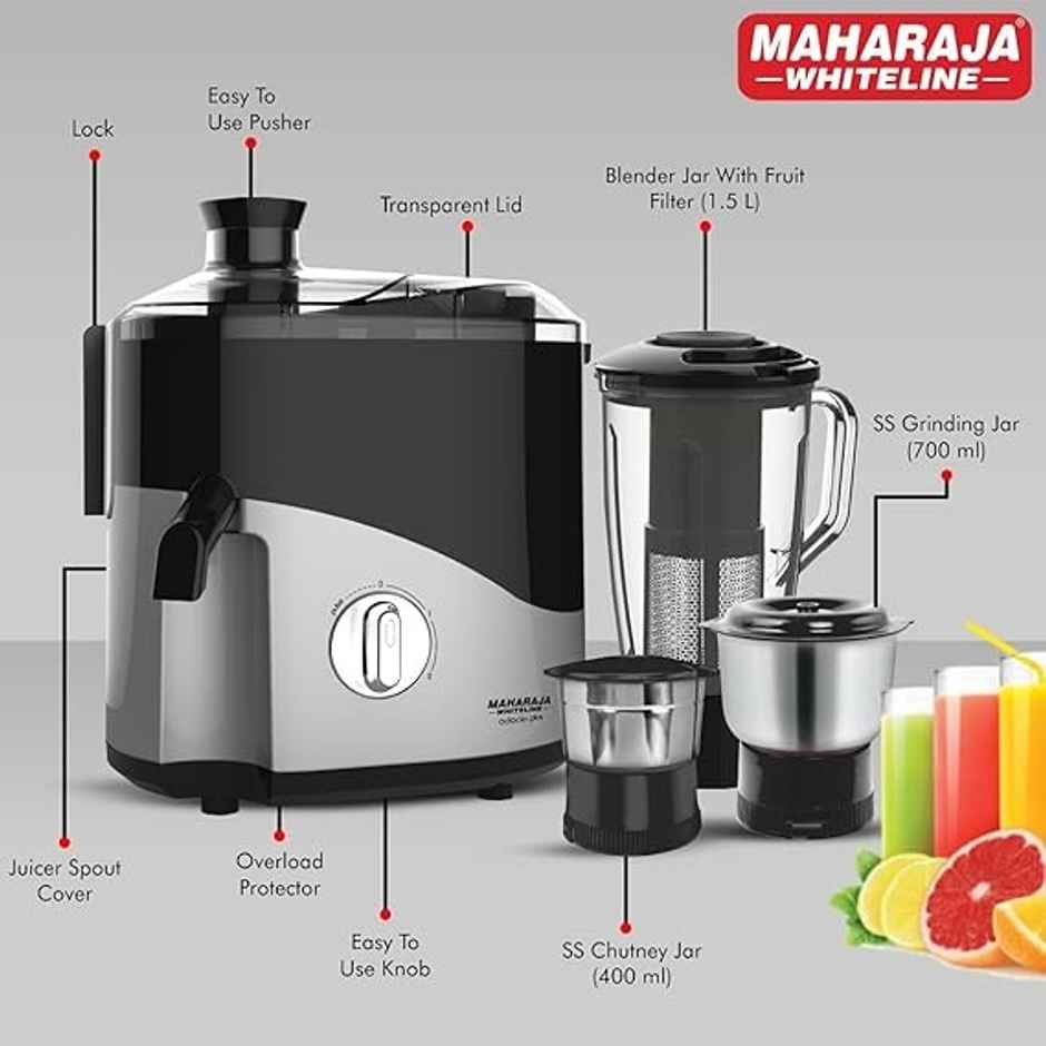 Maharaja Whiteline Odacio Pro Juicer Mixer Grinder | 550W | 3 Jars - Black & Silver