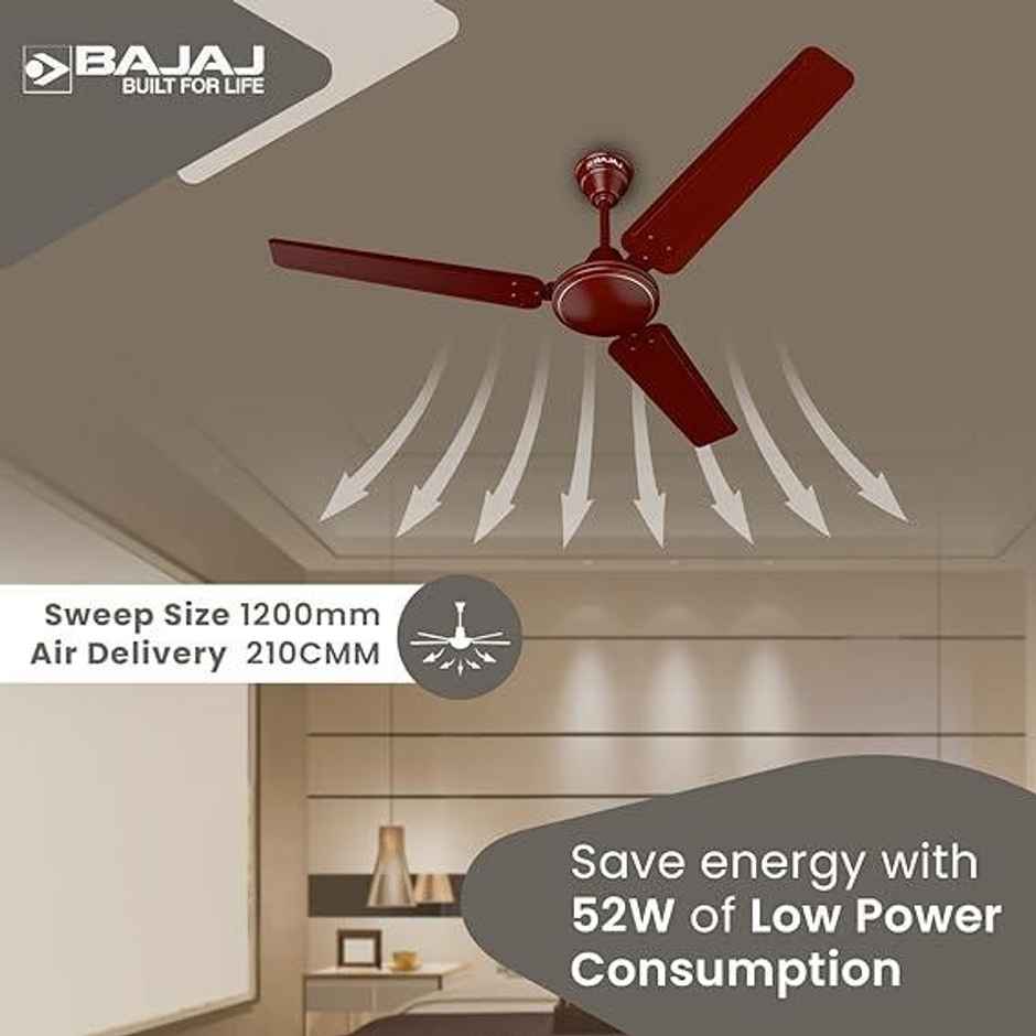 Bajaj Frore Turbo Ceiling Fans, 52 watts, 1200mm/48 Inches, Energy Efficient Ceiling Fan | Rust Free Coating For Long Life - Brown
