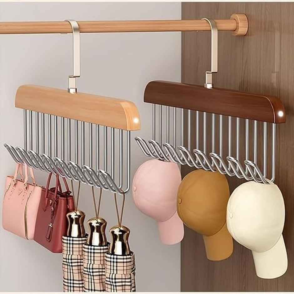Perpetual Wooden Hangers | Adjustable 8-Hook Wardrobe Hanger for Accessories | Pack of 4