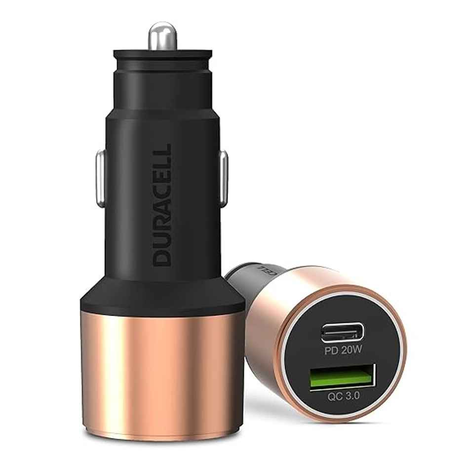 Duracell 38W Dual Output Type C Car Charger (Pd 20W & Qualcomm Certified 3.0) - Black & Copper