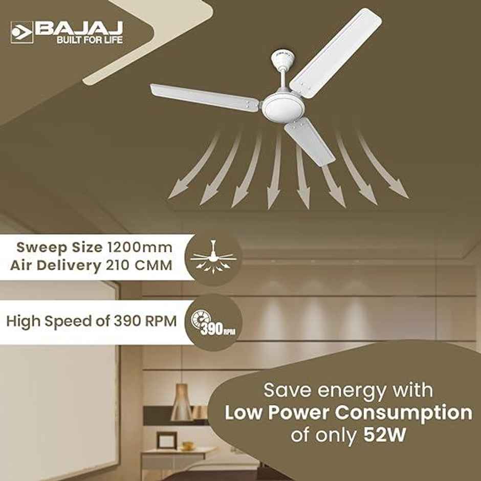 Bajaj Frore Ceiling Fan ,52 Watts, 1200mm/48 Inches, Energy Efficient Ceiling Fan | Rust Free Coating for Long Life - White