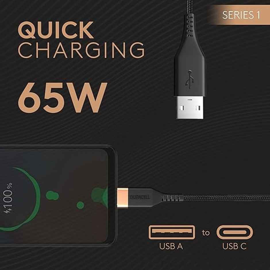 Duracell 3A Fast Charging Usb A To Type C Cable - Black