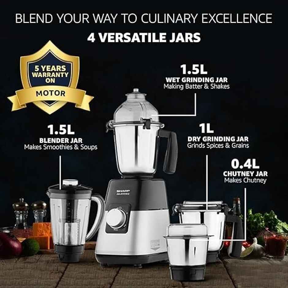 Sharp Mixer Grinder EM - G51N - W | 500 W | 4 Jars | Variable Speed Auto Cut - off - White
