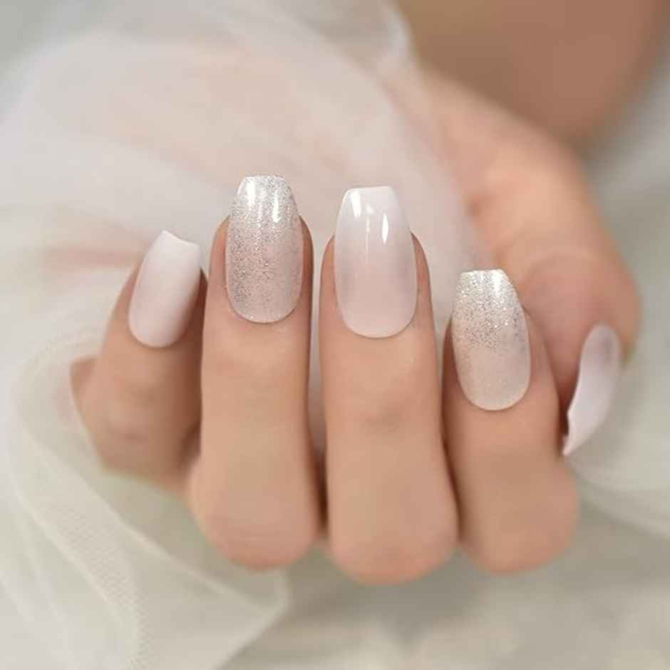 Gush Beauty Nailed It | Reusable Luxury Press On Nails | Medium Coffin | Heavenly | Nude & Grey