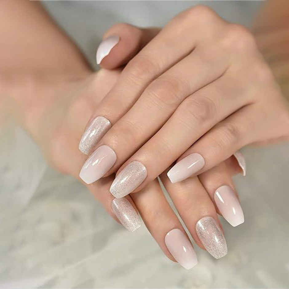Gush Beauty Nailed It | Reusable Luxury Press On Nails | Medium Coffin | Heavenly | Nude & Grey