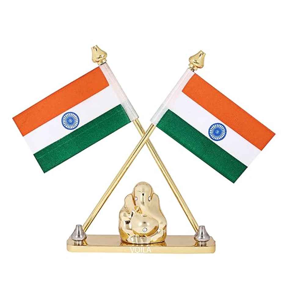 Voila Pair Indian Flag With Lord Ganesha Idol For Car Dashboard - Brass Metal Stand