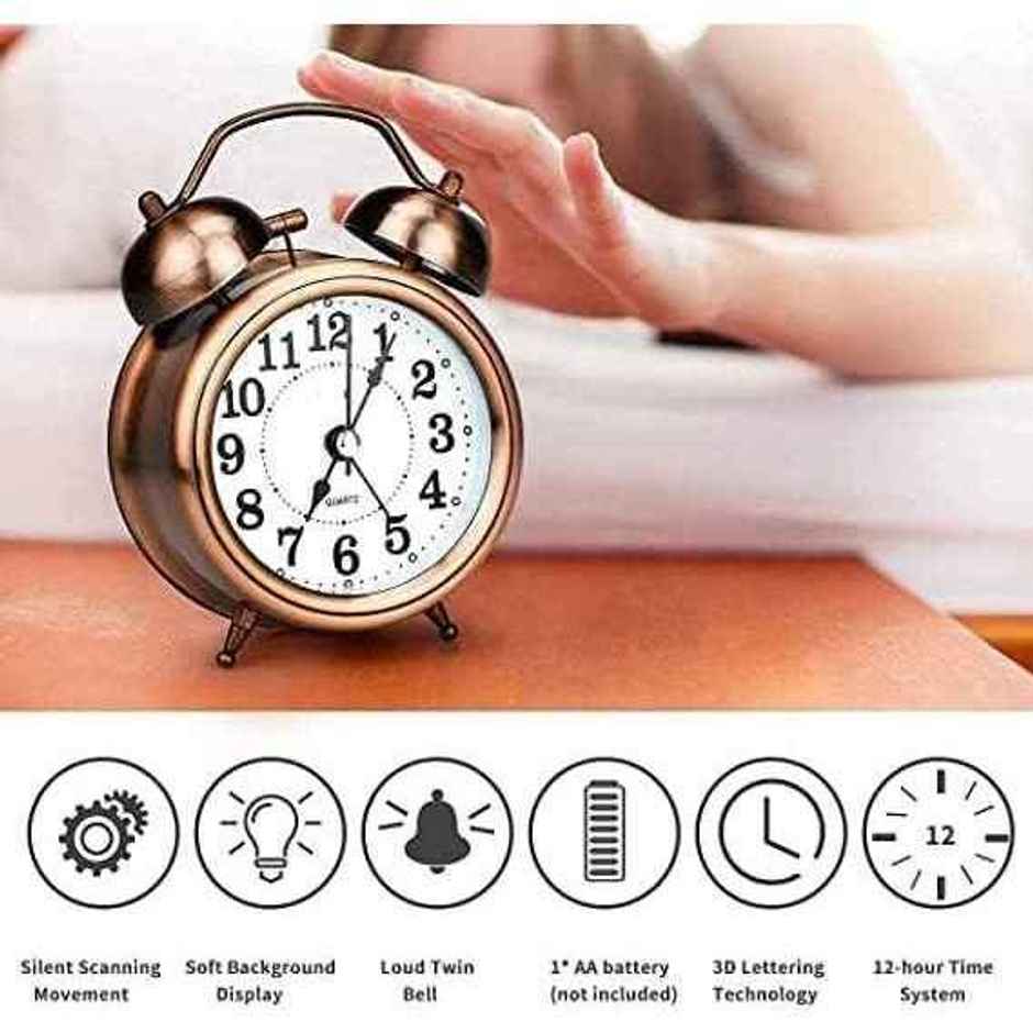 Perpetual Alarm Analog Clock | Non-Ticking Quartz with Backlight | Vintage Copper - 11.4 cm