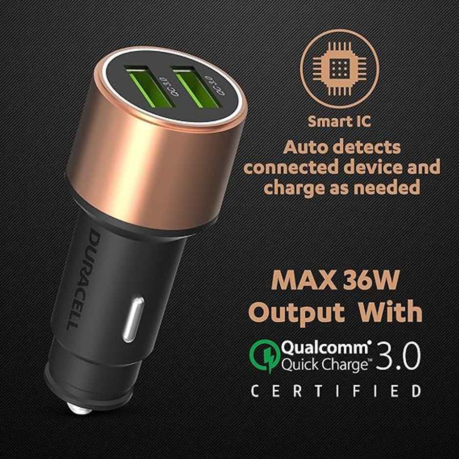 Duracell 36W Fast Car Charger Compatible With Smartphones | Tablets & More-Copper Black