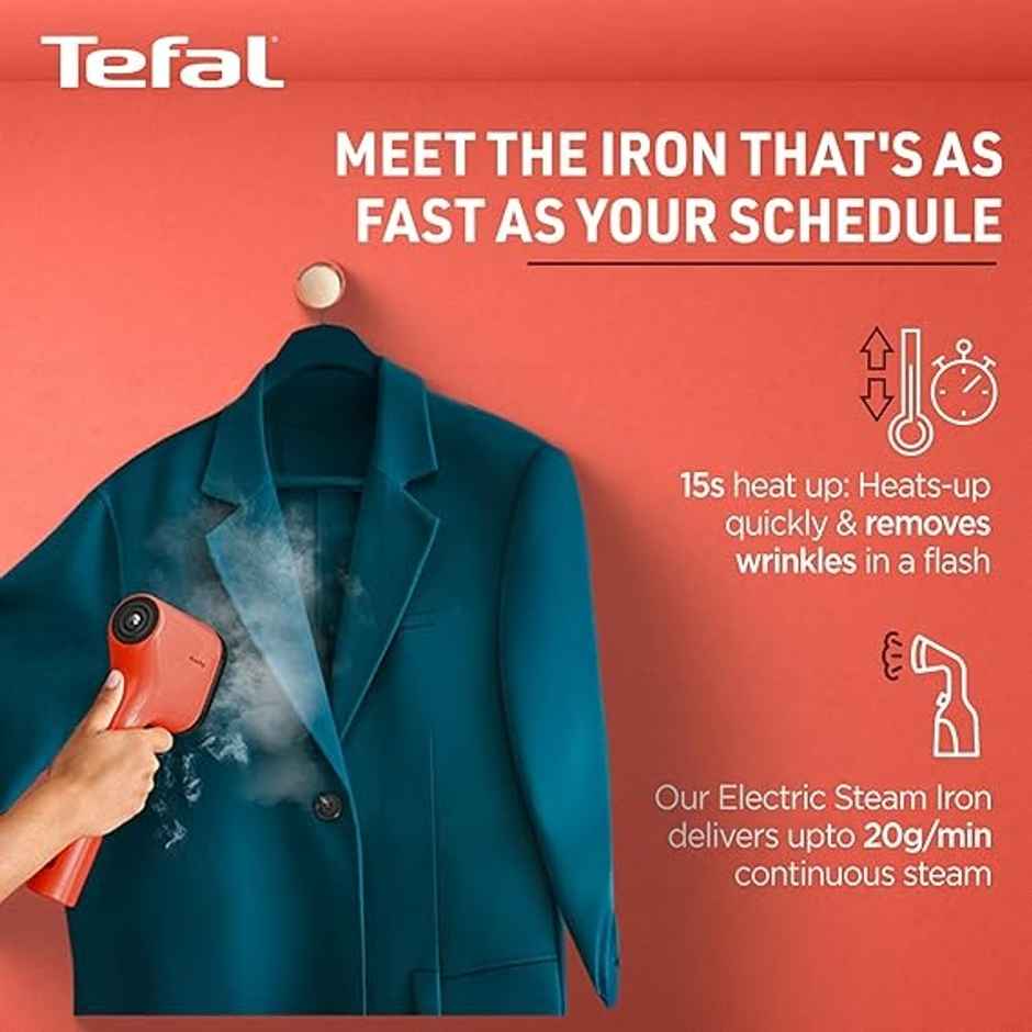Tefal Pure Pop-up Handheld Garment Steamer 1300 Watts, Reversible Pad, Vertical Steam | Red- 120 ml