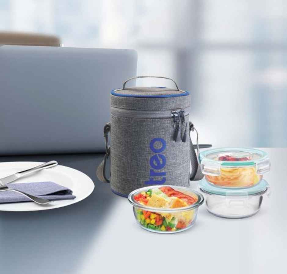 Treo By Milton All Fresh Borosilicate Glass Tiffin, 400 ml, Set Of 3, Transparent (Round)