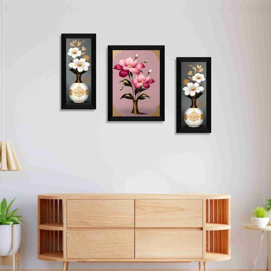 Saf Beautiful Flower Premium For Wall Decoration 14 Inch X 24 Inch Painting (With Frame, Pack Of 3)