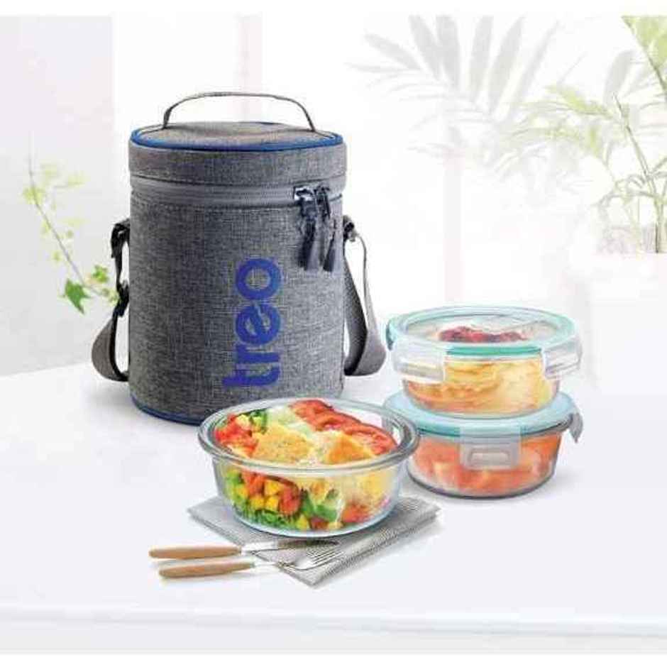 Treo By Milton All Fresh Borosilicate Glass Tiffin, 400 ml, Set Of 3, Transparent (Round)