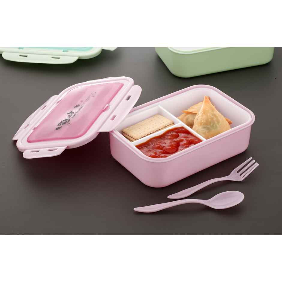 Attro Carbon Lunch Box with 3 Compartment | lid & 2 Spoons BPA Free | 1100 ml - Pink