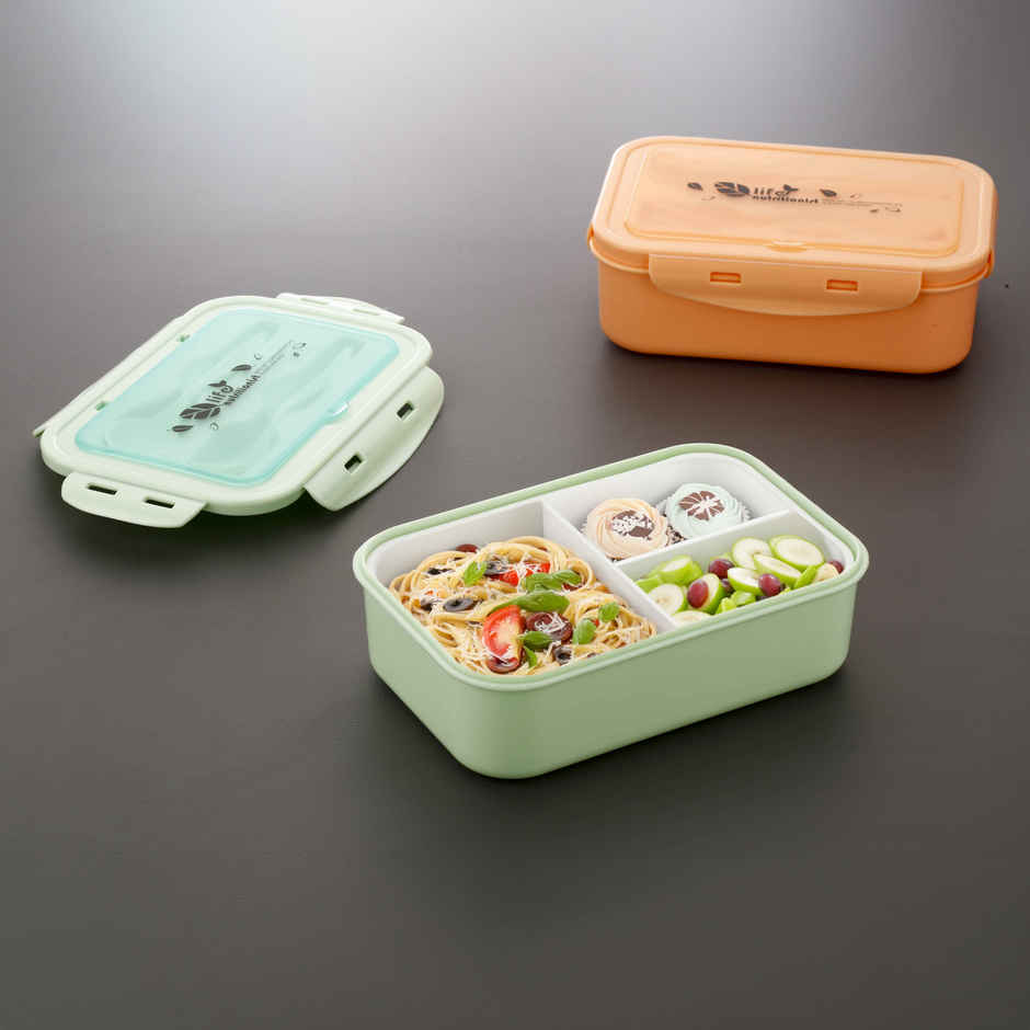 Attro Carbon Lunch Box with 3 Compartment | 2 Spoons BPA Free | 1100 ml - Mint Green