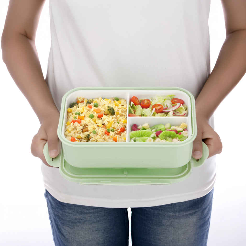 Attro Carbon Lunch Box with 3 Compartment | 2 Spoons BPA Free | 1100 ml - Mint Green
