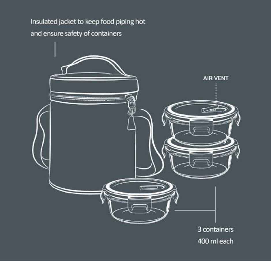Treo By Milton All Fresh Borosilicate Glass Tiffin, 400 ml, Set Of 3, Transparent (Round)