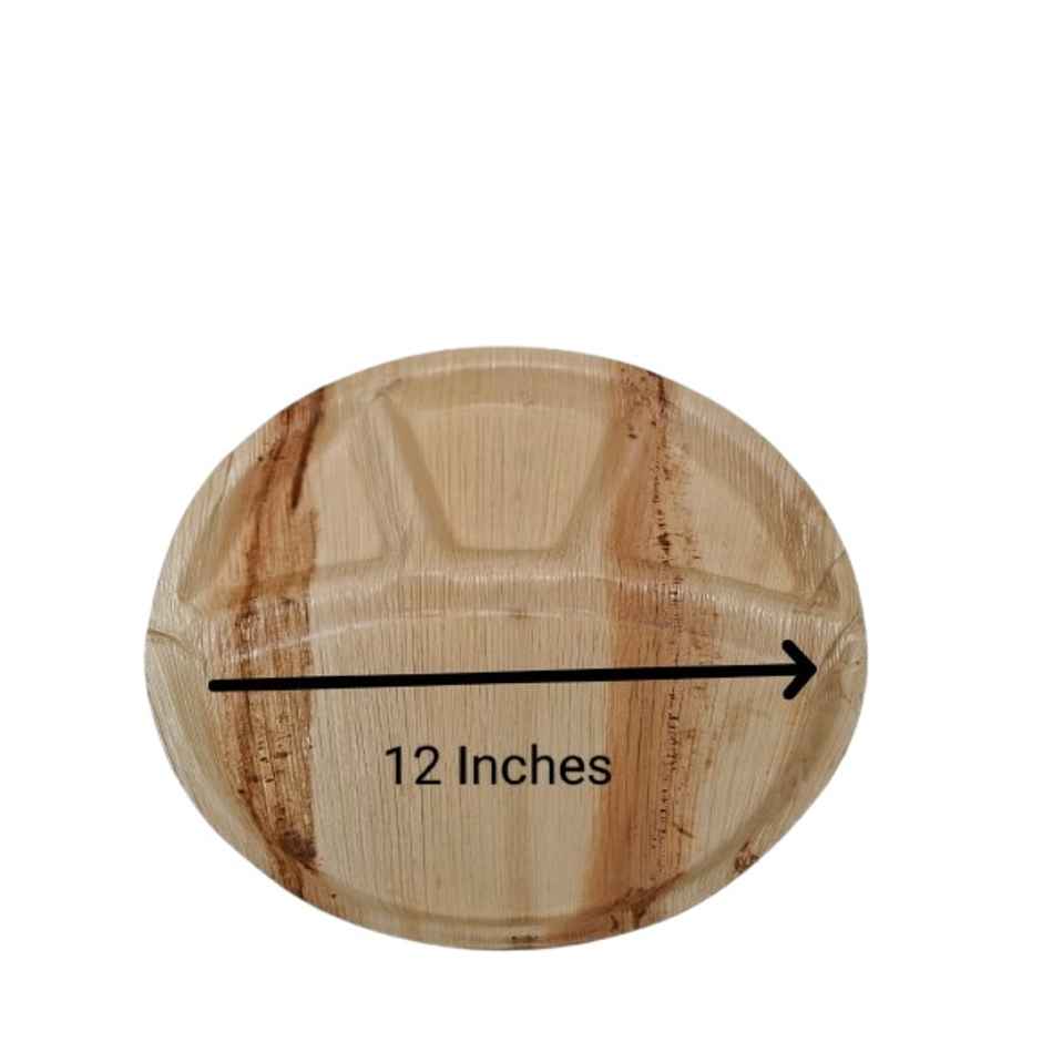 Disposable Palm Round Compartment Plate | 12 inch | Pack of 10 | Antzco