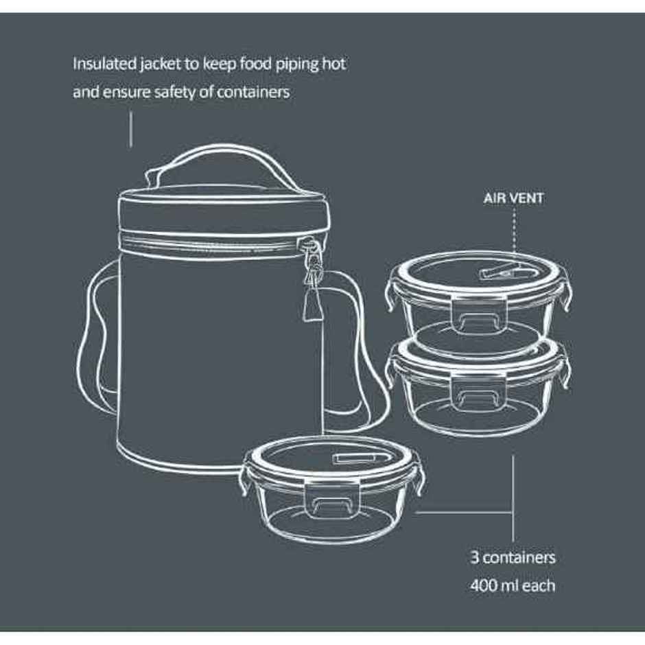 Treo By Milton All Fresh Borosilicate Glass Tiffin, 400 ml, Set Of 3, Transparent (Round)