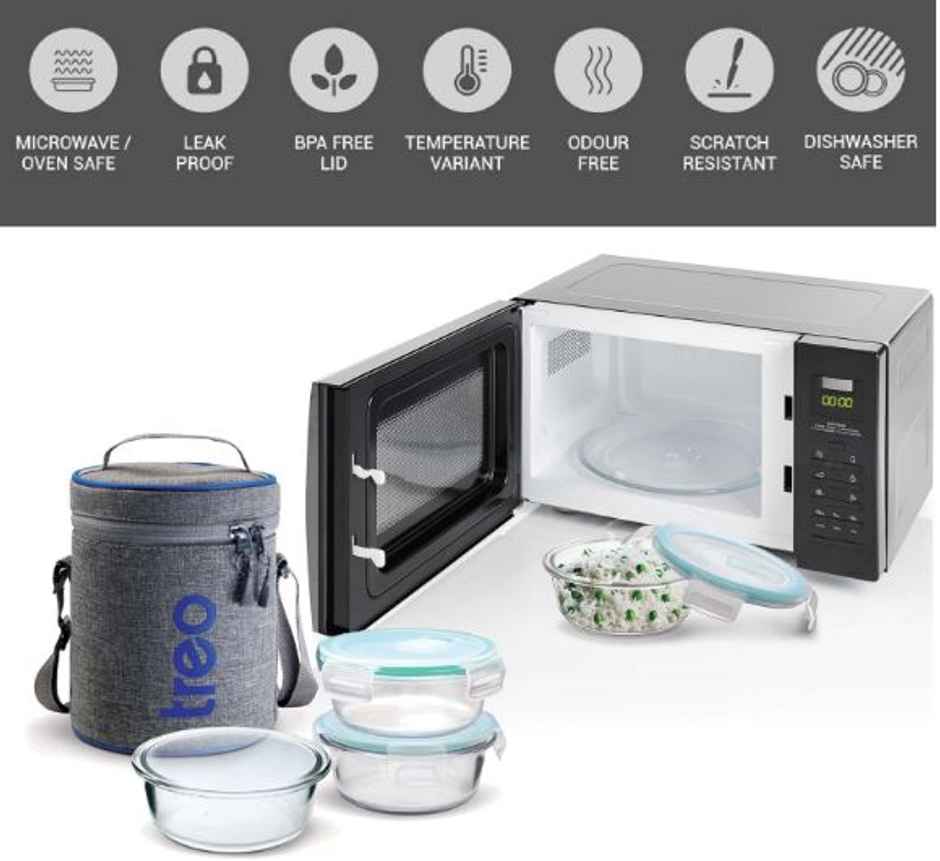 Treo By Milton All Fresh Borosilicate Glass Tiffin, 400 ml, Set Of 3, Transparent (Round)