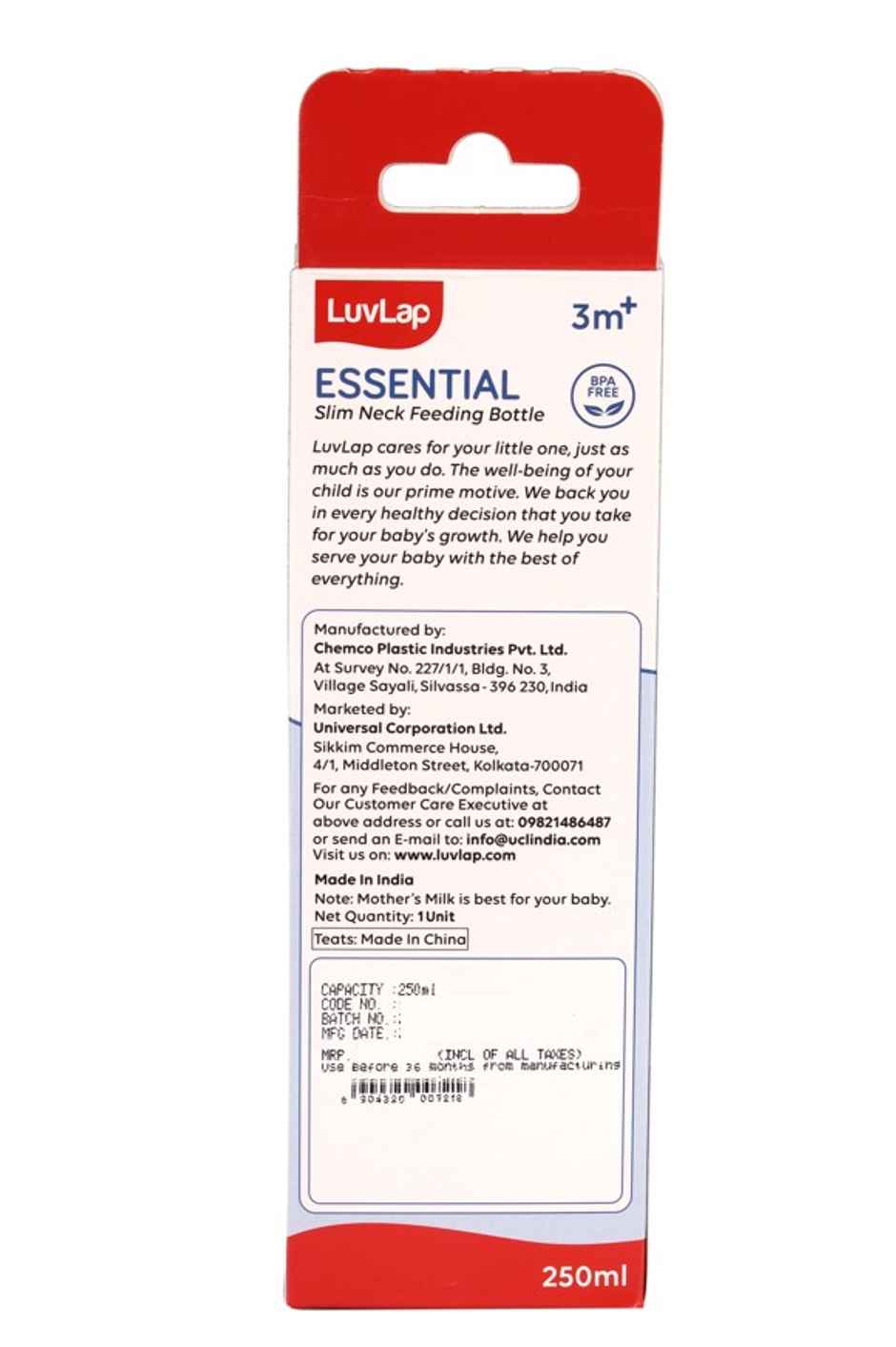 LuvLap Baby Essential Slim Neck Feeding Bottle, with Anti Colic Nipple, upto 3 Years, BPA Free
