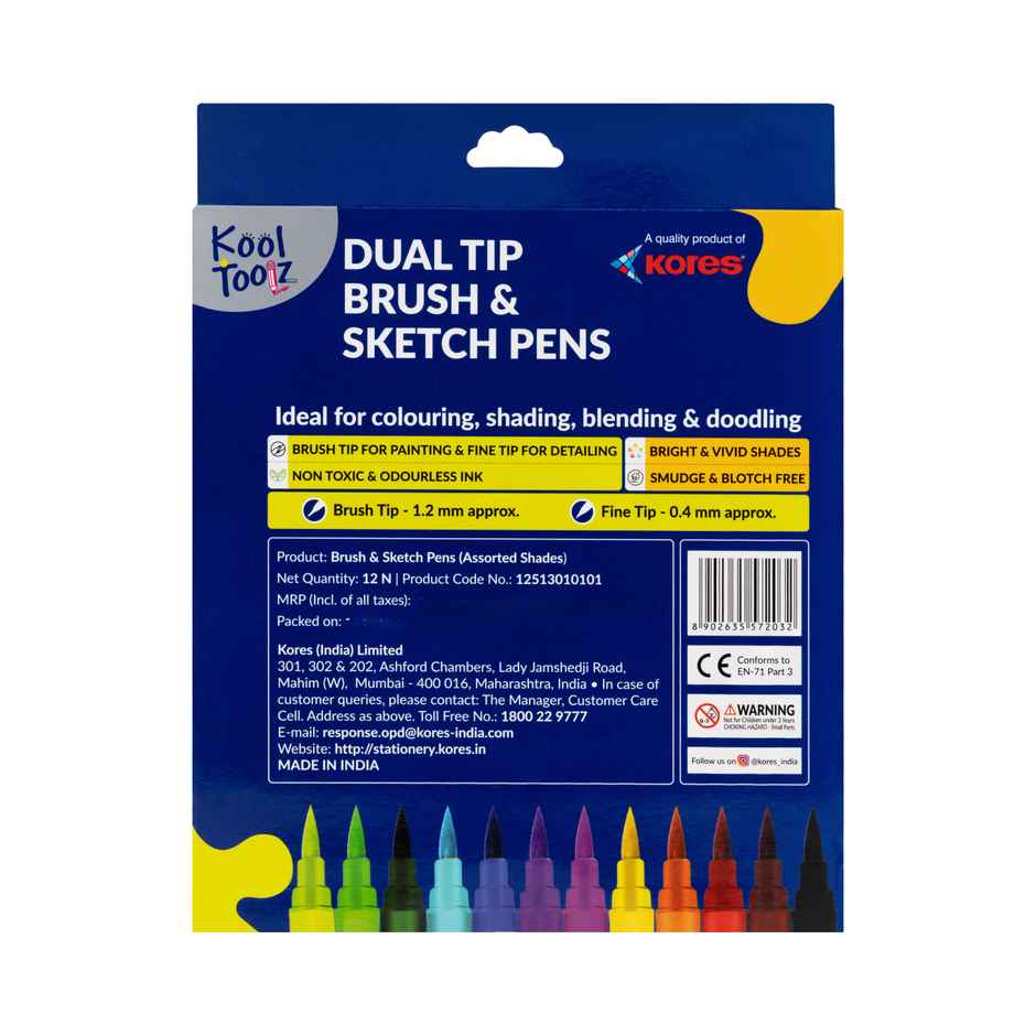 Kores Dual Tip Brush and Sketch Pens | 12 Shades