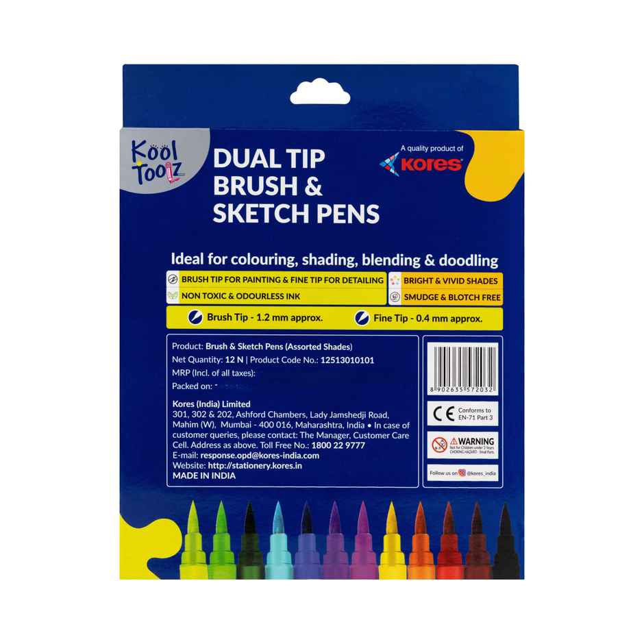 Kores Dual Tip Brush and Sketch Pens | 12 Shades
