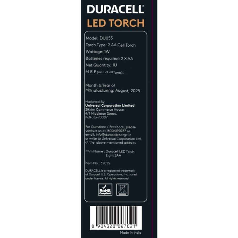 Duracell LED Torch, 6000 LUX Super Bright, Ultra-Light, Easy Carry, Large Reflector, 2AA Free,Black