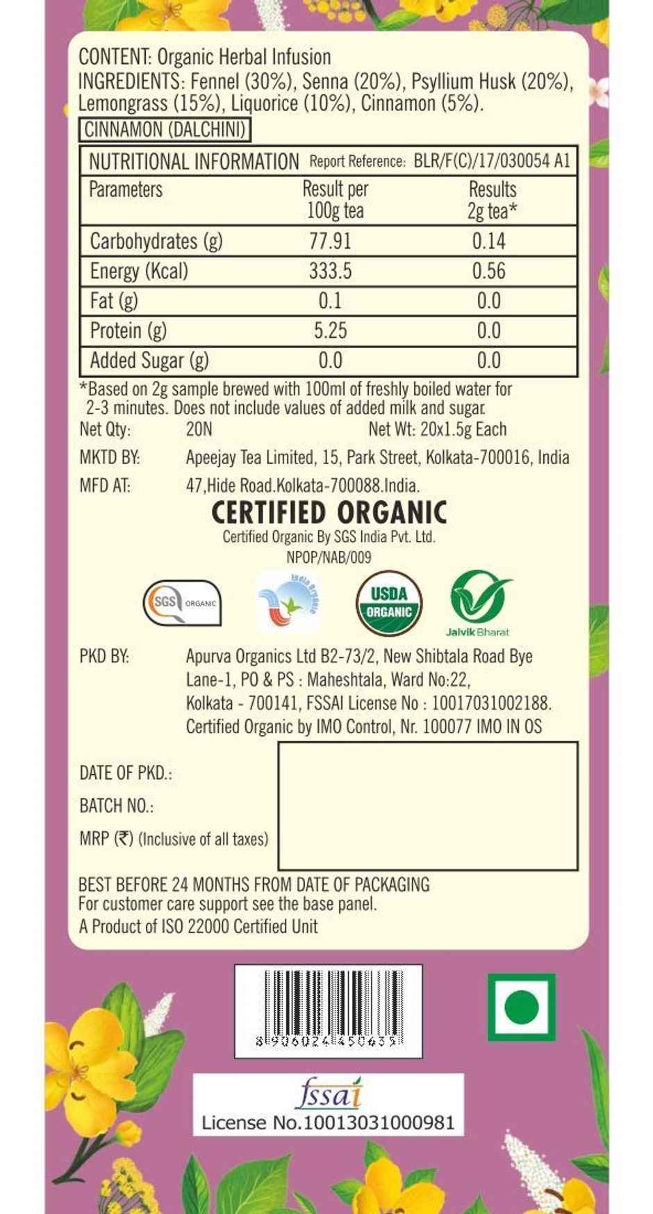 Typhoo Fennel, Senna, and Psyllium Husk Organic Detoxing Slim Herbal Tea
