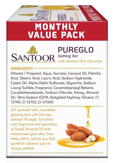 Santoor PureGlo Glycerine Bathing Bar Soap With Almond Oil for Nourished and Glowing Skin