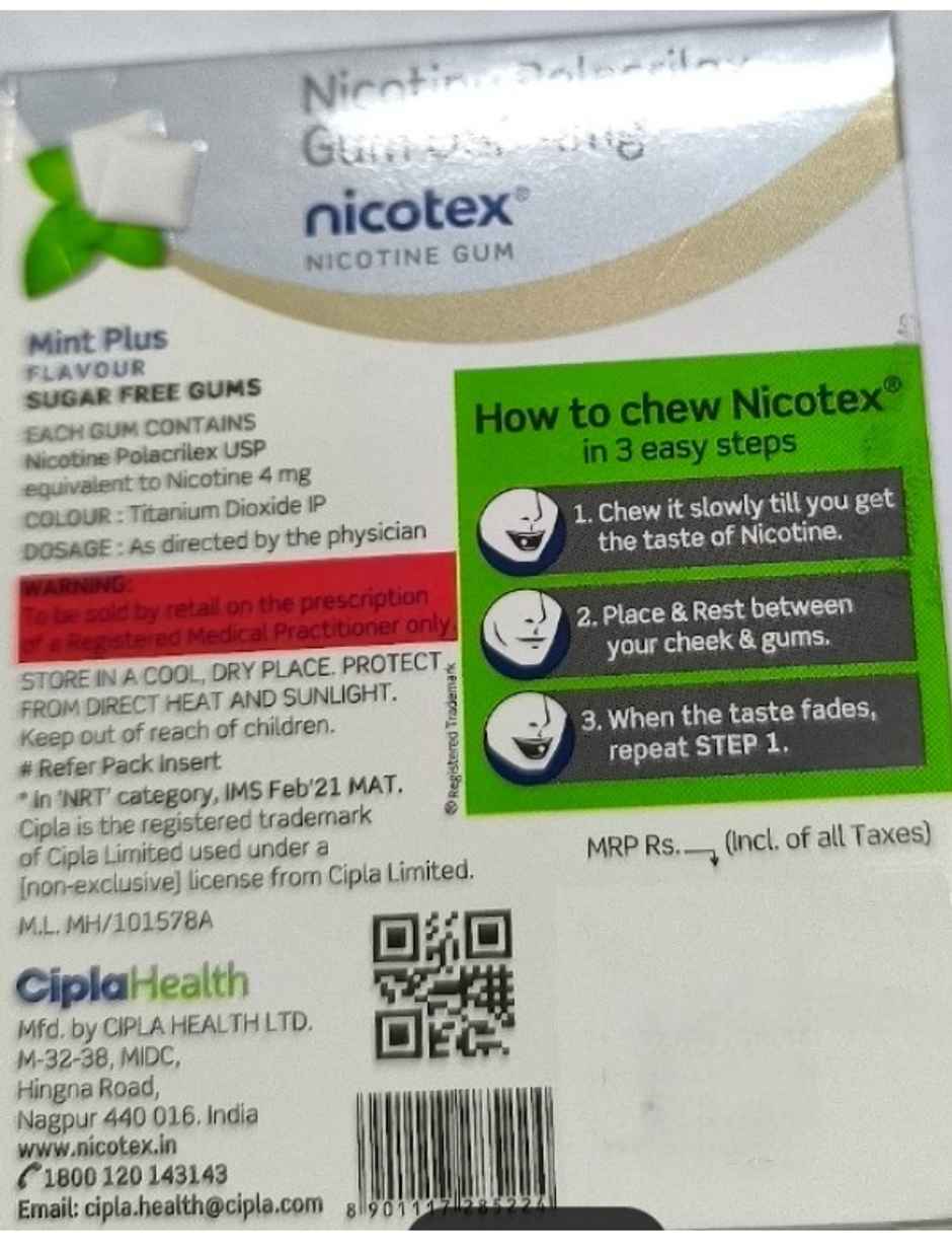Nicotex 4mg Mint Plus Flavour Sugar Free Chewing Gum