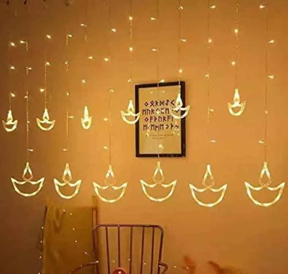 Desidiya Diya Shaped Decorative Led Lights, Led String Copper Lights with 12 Hanging Diyas, Decoration, Prong Base, 2.5 Meters - Warm White