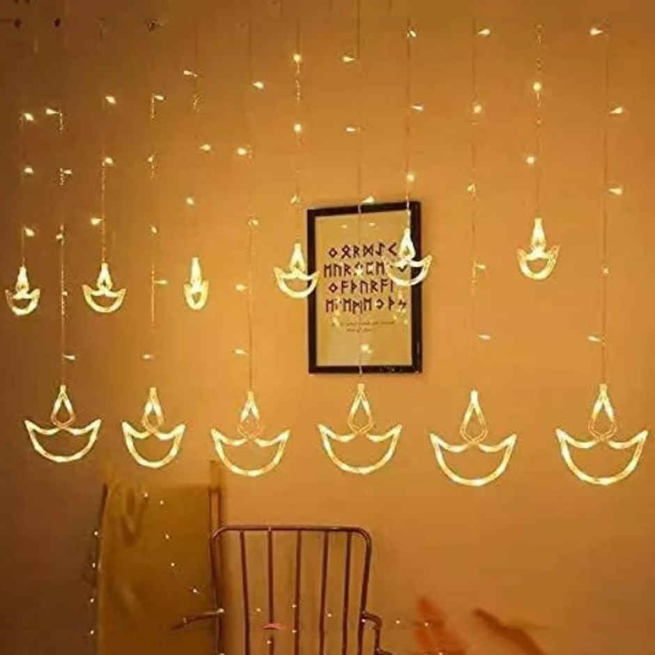 Desidiya Diya Shaped Decorative Led String Copper Lights with 12 Hanging Diyas Warm White | 2.5 m
