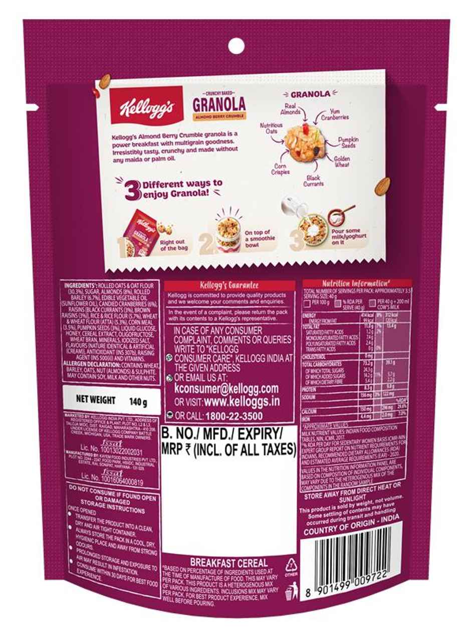 Kellogg's Crunchy Almond Berry Crumble Granola |12-In-1 Power Breakfast | No Maida No Palm Oil