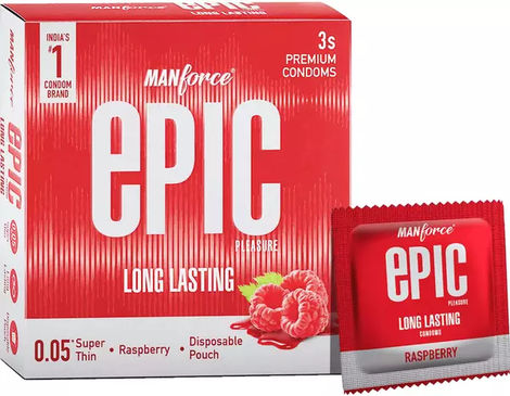 Manforce Epic Pleasure Long Lasting Premium Condoms for Men Super Thin Raspberry Flavour Disposable Pouch