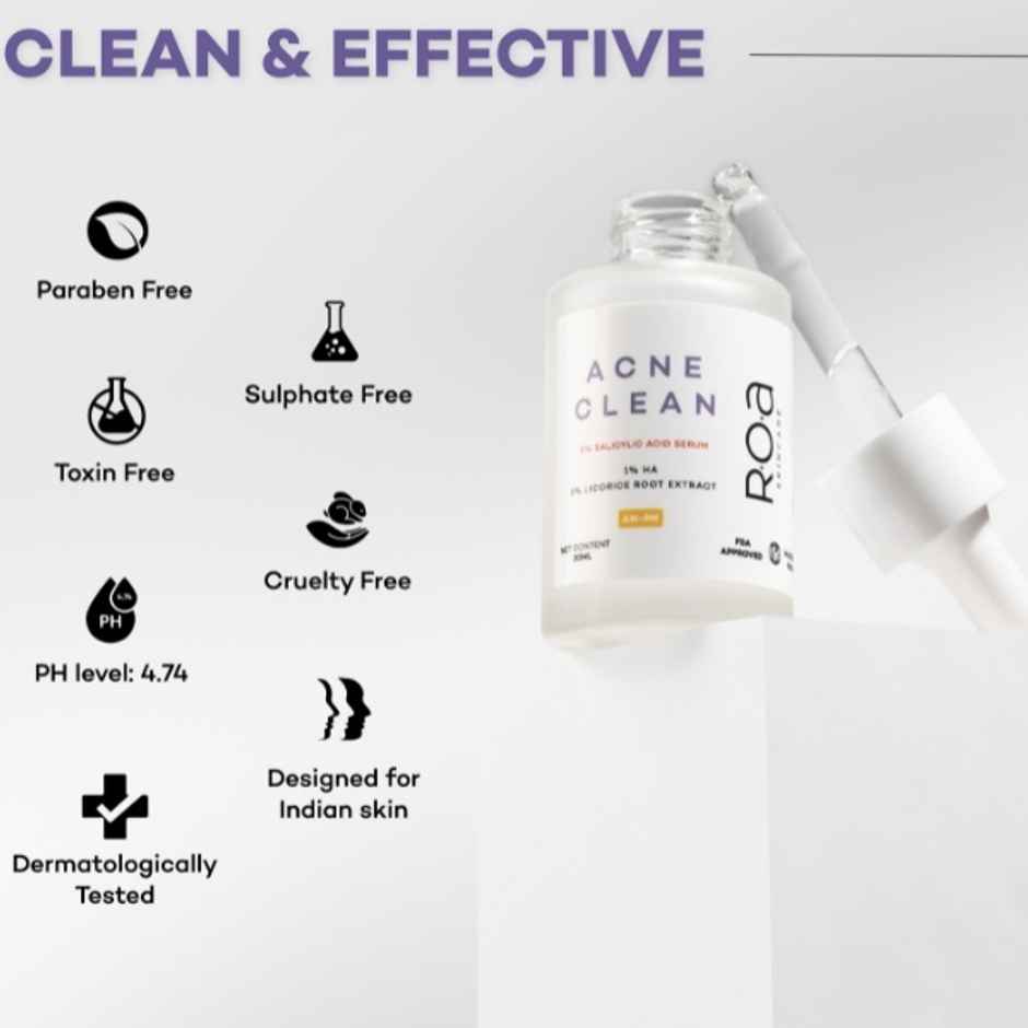R.O.A Skincare Acne Clean 2% Salicylic Acid Serum For Acne Prone Oily Skin, Blackheads & Open Pores