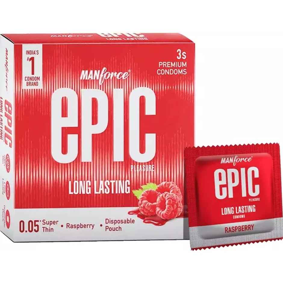Manforce Epic Pleasure Condoms | Long Lasting, Super Thin, Raspberry Flavour | Disposable