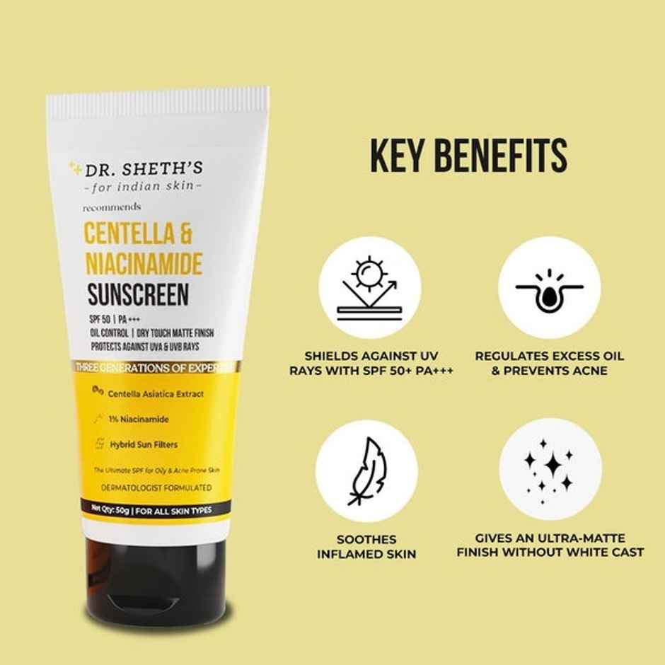 Dr. Sheth'S Centella & Niacinamide Sunscreen Spf 50 Pa+++ Protection For Oily & Acne-Prone Skin