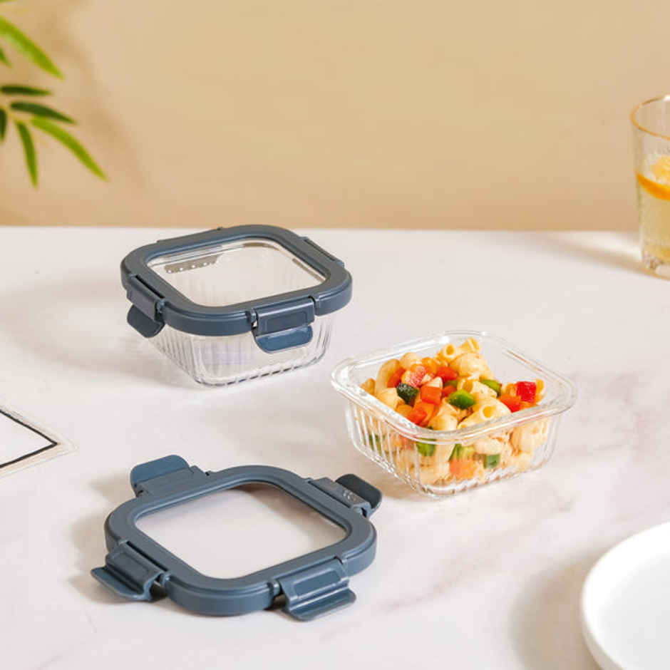 Nestasia Square Airtight Microwave Safe Glass Lunch Box Set Of 2 300ml