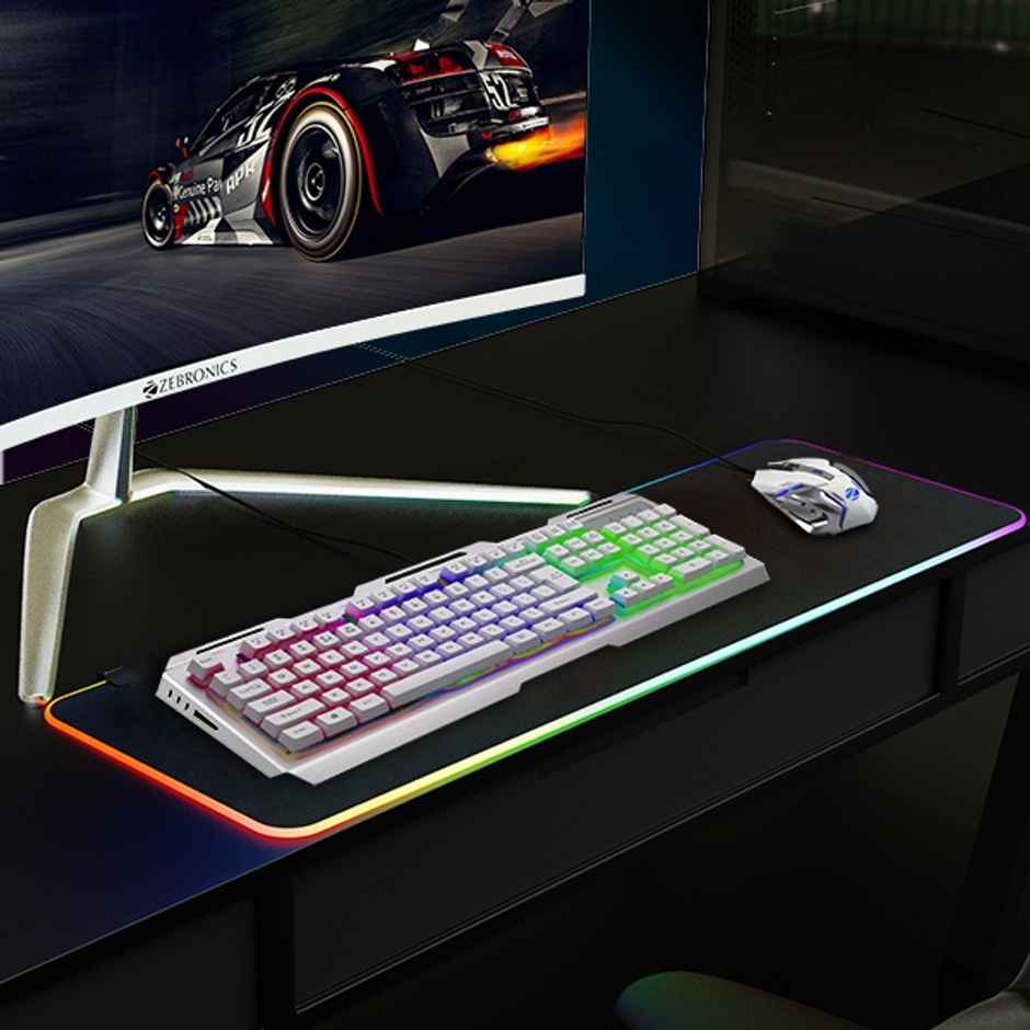 ZEBRONICS Transformer USB Gaming Keyboard & Mouse Combo,Braided Cable,Durable Al Body,Multimedia Keys & Gaming Mouse with 6 Buttons,Multi-Color LED Lights,High-Resolution Sensor with 3200 DPI - White