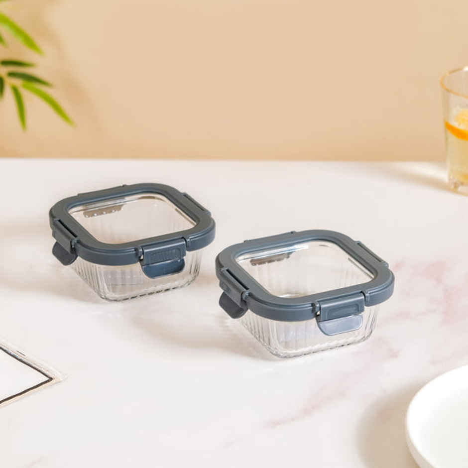 Nestasia Square Airtight Microwave Safe Glass Lunch Box Set Of 2 300ml