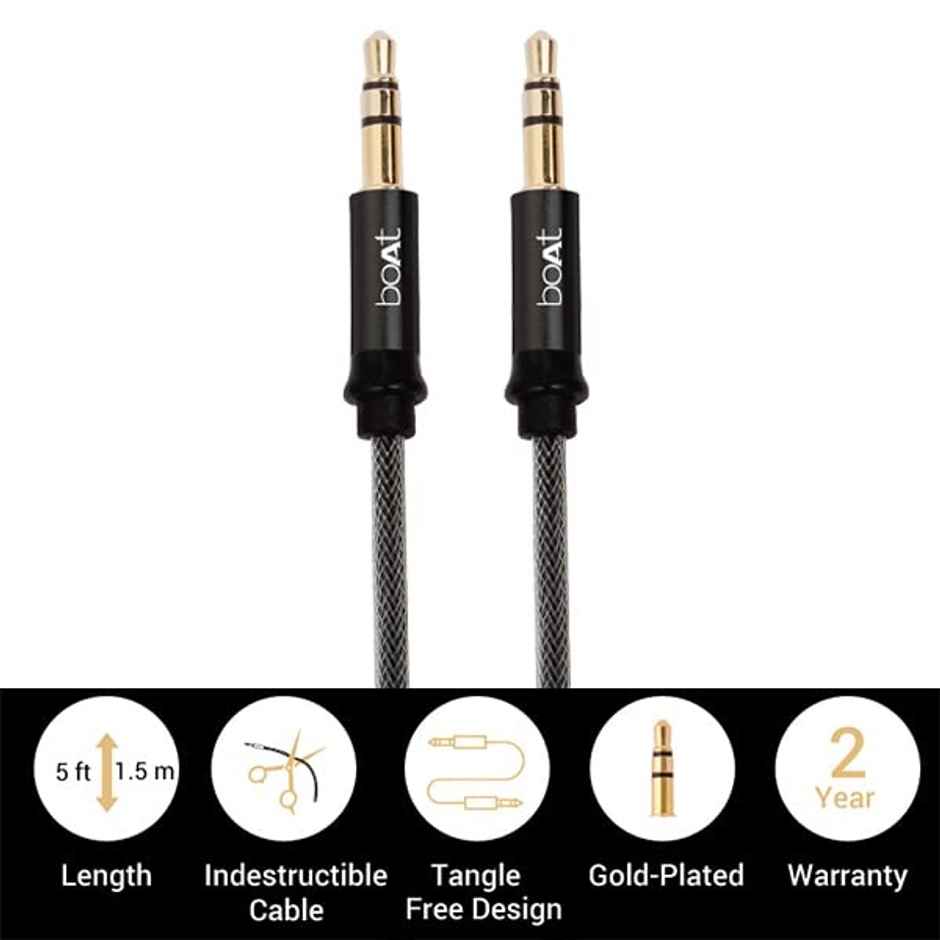 boAt AUX 500 Indestructible Aux Audio Cable with Gold Plated 3.5mm connectors for Smartphone (Black)