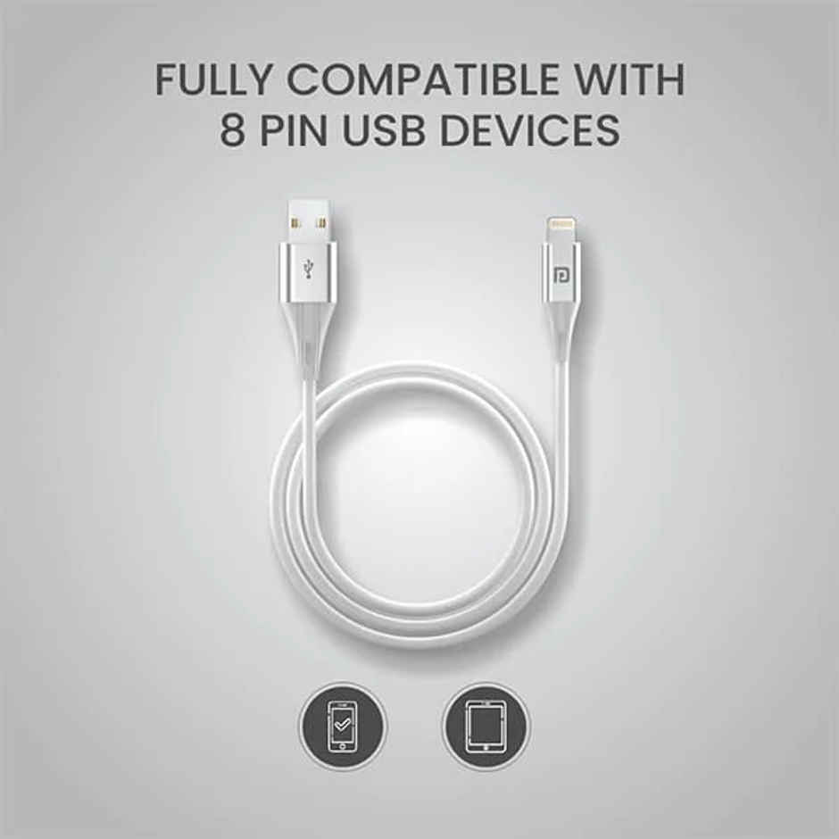 Portronics Konnect B+ USB-A to Lightning Cable,3.0 Amp Output with Charge & Data Sync with 1m - White