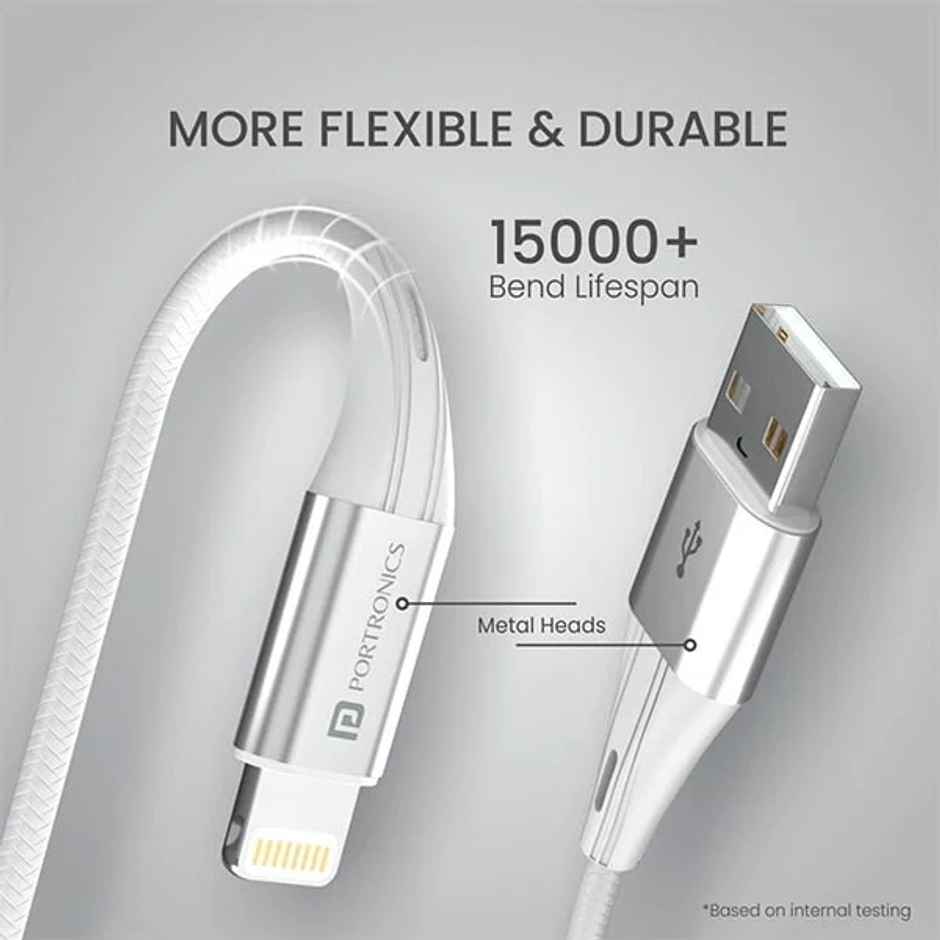 Portronics Konnect B+ USB-A to Lightning Cable,3.0 Amp Output with Charge & Data Sync with 1m - White