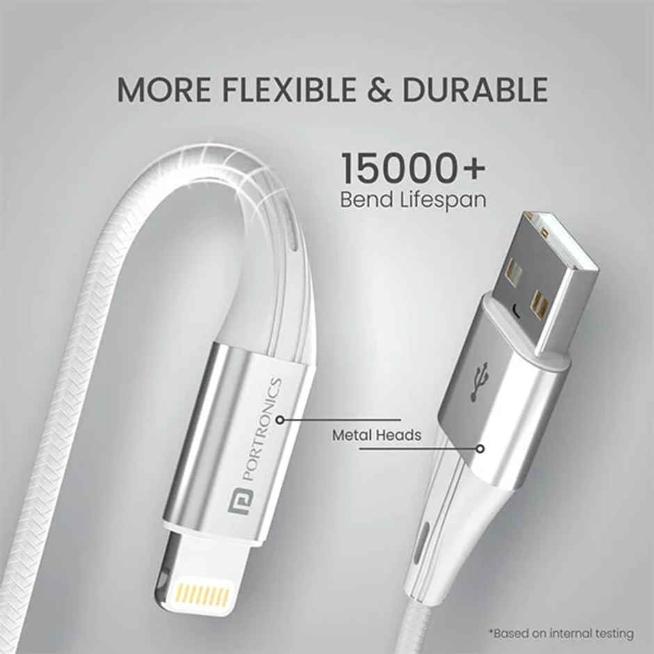 Portronics Konnect B+ USB-A to Lightning Cable,3.0 Amp Output with Charge & Data Sync with 1m - White